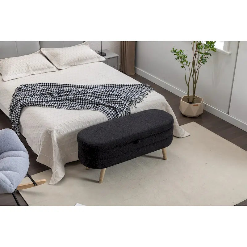 Panca Contenitore in Tessuto Bouclé, Gambe in Legno, 1 Posto | Nero