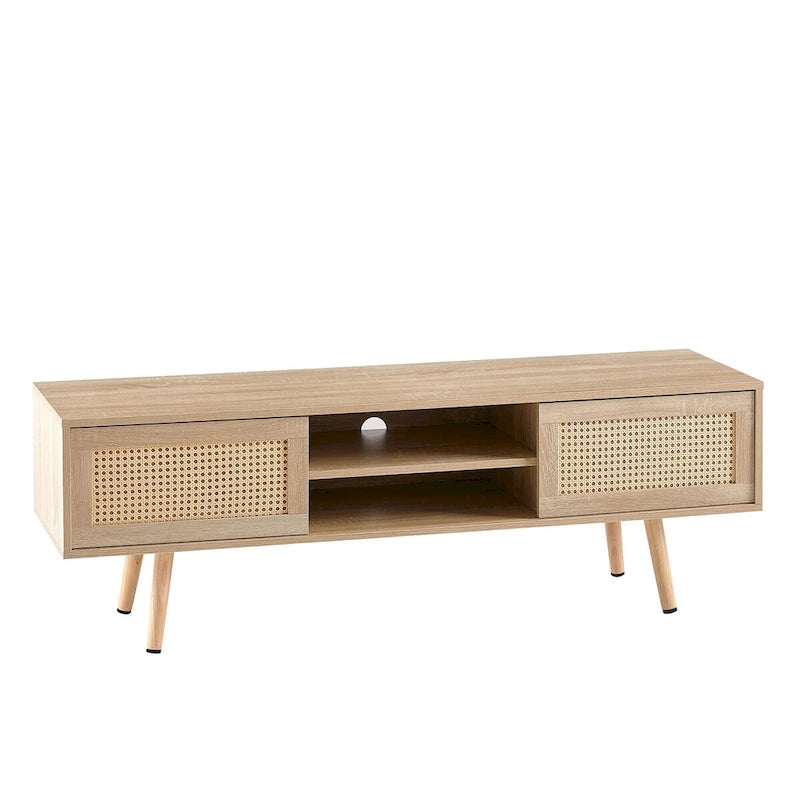 Mobile TV in Rattan in Legno Bianco e Ciliegio, Doppie Ante Scorrevoli, Ripiano Regolabile, Piedini in Legno Massiccio