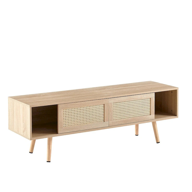 Mobile TV in Rattan in Legno Bianco e Ciliegio, Doppie Ante Scorrevoli, Ripiano Regolabile, Piedini in Legno Massiccio