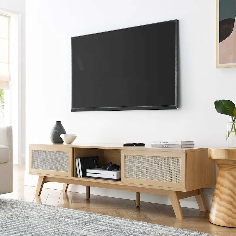 Mobile TV 60" con ante scorrevoli in rattan, Rovere/Noce, Adatto per TV fino a 65"