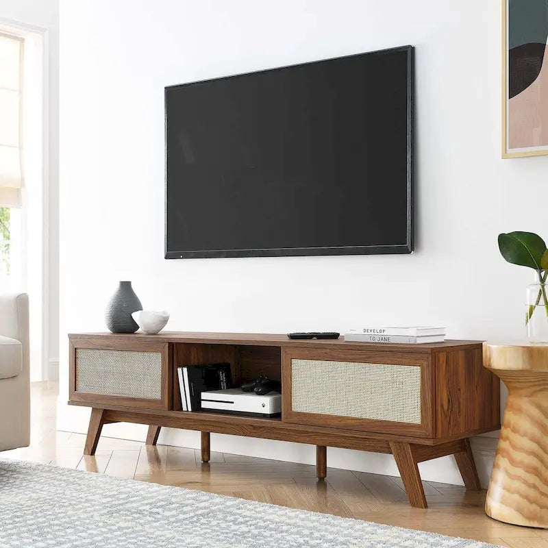 Mobile TV 60" con ante scorrevoli in rattan, Rovere/Noce, Adatto per TV fino a 65"