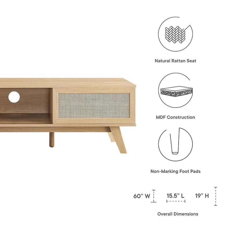 Mobile TV 60" con ante scorrevoli in rattan, Rovere/Noce, Adatto per TV fino a 65"
