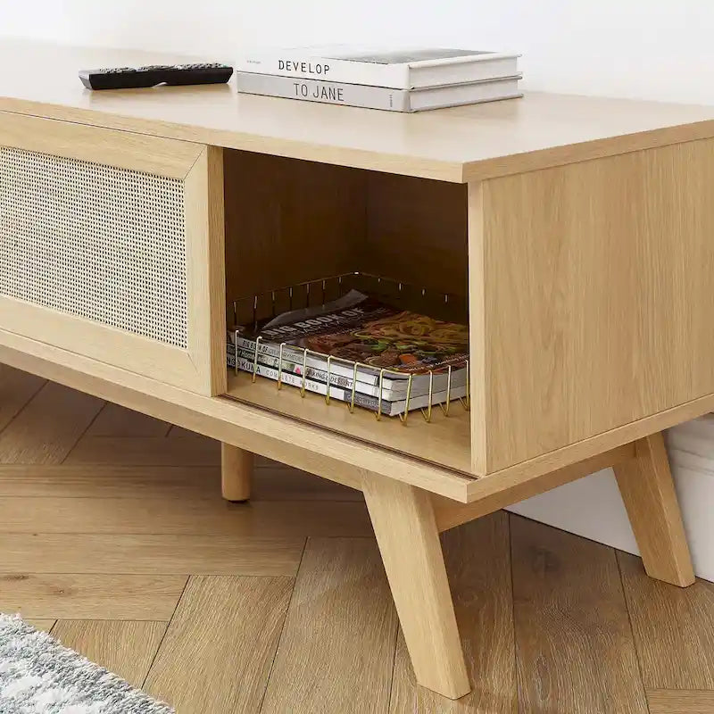 Mobile TV 60" con ante scorrevoli in rattan, Rovere/Noce, Adatto per TV fino a 65"