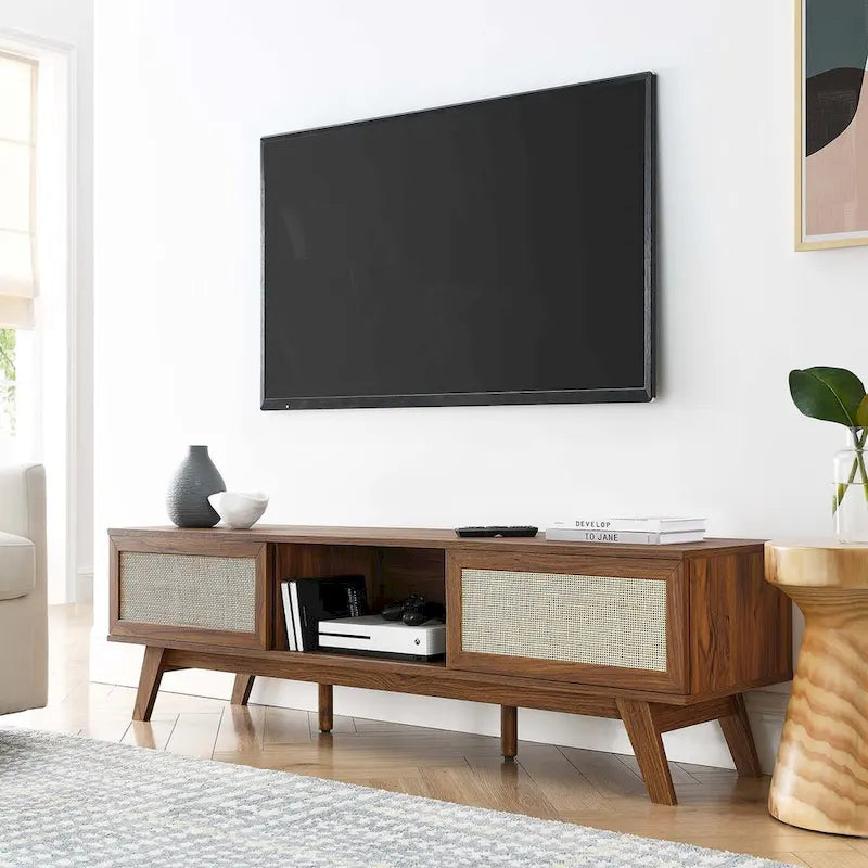 Mobile TV 60" con ante scorrevoli in rattan, Rovere/Noce, Adatto per TV fino a 65"