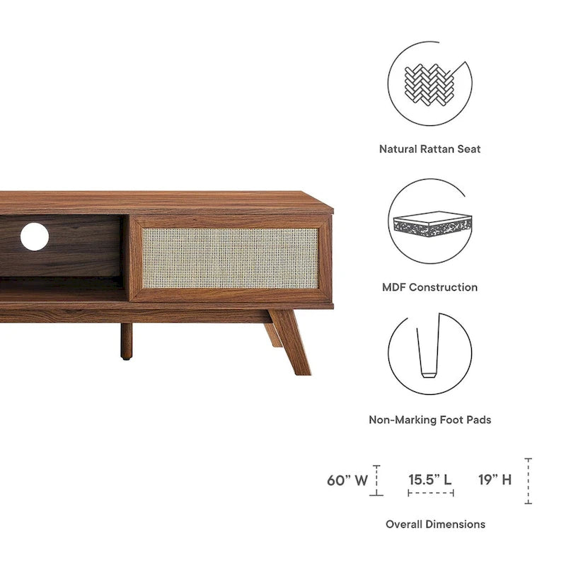 Mobile TV 60" con ante scorrevoli in rattan, Rovere/Noce, Adatto per TV fino a 65"