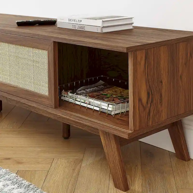 Mobile TV 60" con ante scorrevoli in rattan, Rovere/Noce, Adatto per TV fino a 65"