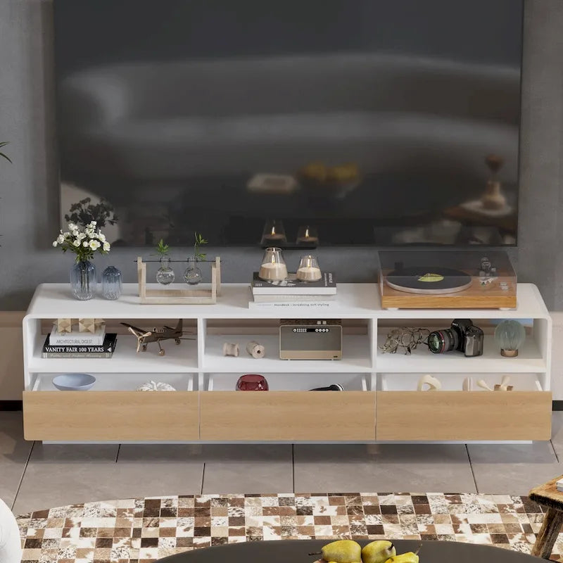 Mobile TV Bianco e Rovere con Cassetti e Ripiani a Giorno, 180 cm, Montaggio da 1 Persona
