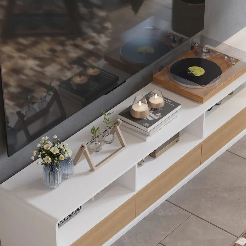 Mobile TV Bianco e Rovere con Cassetti e Ripiani a Giorno, 180 cm, Montaggio da 1 Persona