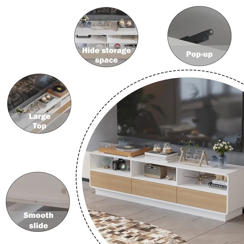 Mobile TV Bianco e Rovere con Cassetti e Ripiani a Giorno, 180 cm, Montaggio da 1 Persona
