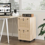 Classificatore mobile a 2 cassetti in rovere con frontale in rattan, 1 persona
