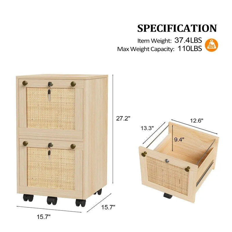 Classificatore mobile a 2 cassetti in rovere con frontale in rattan, 1 persona