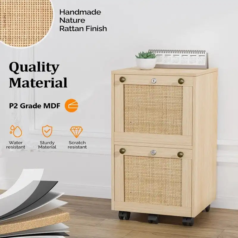 Classificatore mobile a 2 cassetti in rovere con frontale in rattan, 1 persona