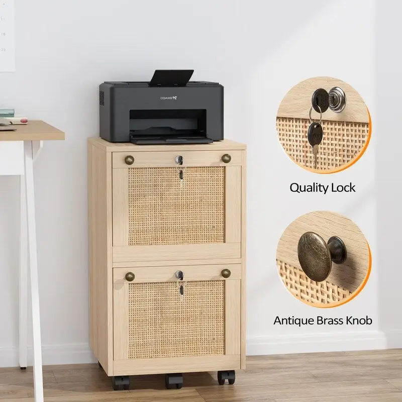 Classificatore mobile a 2 cassetti in rovere con frontale in rattan, 1 persona