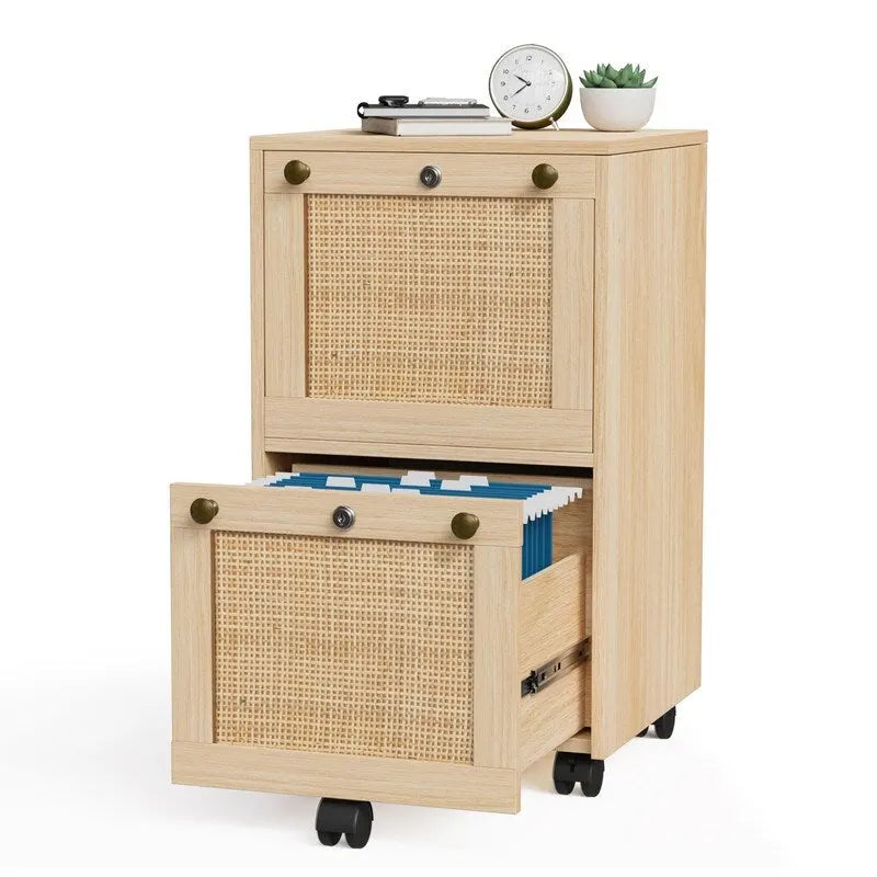 Classificatore mobile a 2 cassetti in rovere con frontale in rattan, 1 persona