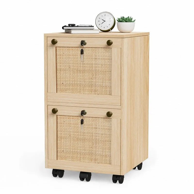 Classificatore mobile a 2 cassetti in rovere con frontale in rattan, 1 persona