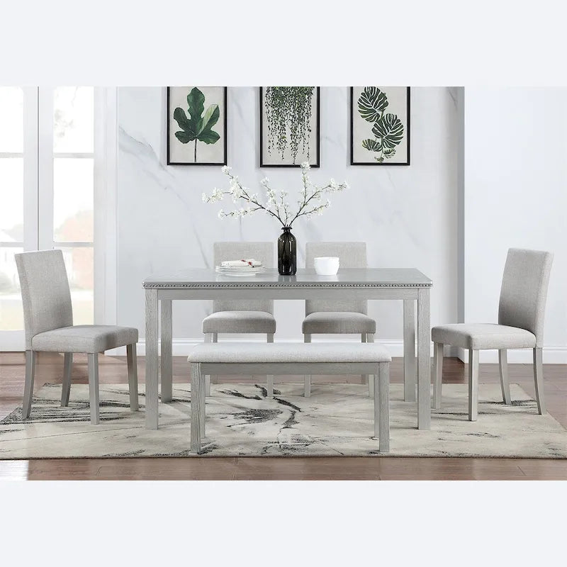 Set da pranzo rettangolare beige, stile moderno, 6 posti (tavolo + panca + 4 sedie)