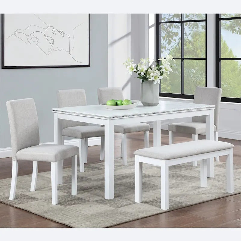 Set da pranzo rettangolare beige, stile moderno, 6 posti (tavolo + panca + 4 sedie)