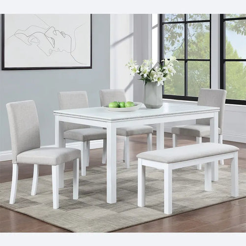 Set da pranzo rettangolare beige, stile moderno, 6 posti (tavolo + panca + 4 sedie)