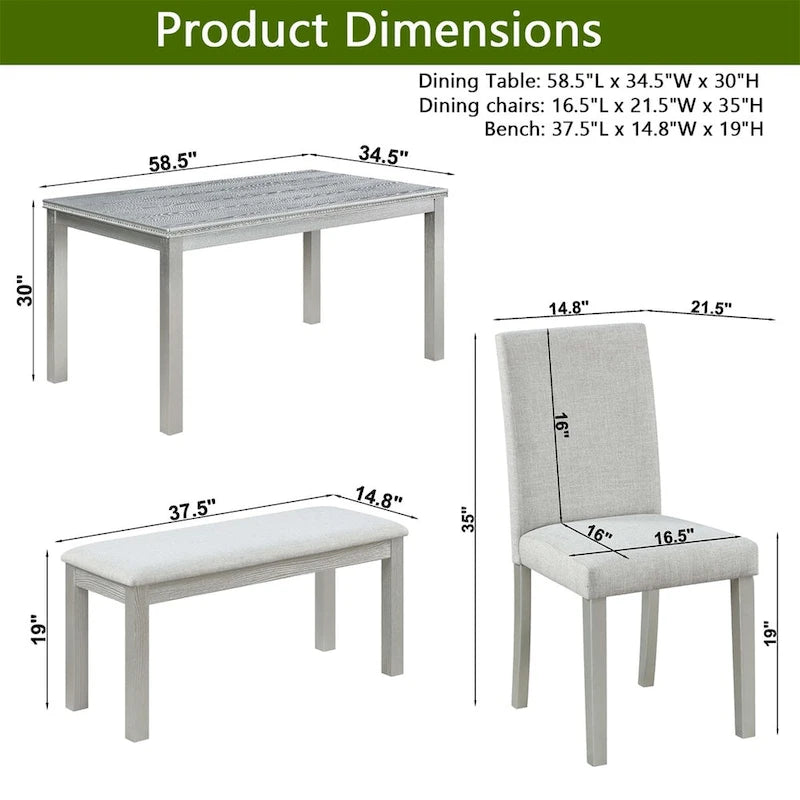 Set da pranzo rettangolare beige, stile moderno, 6 posti (tavolo + panca + 4 sedie)