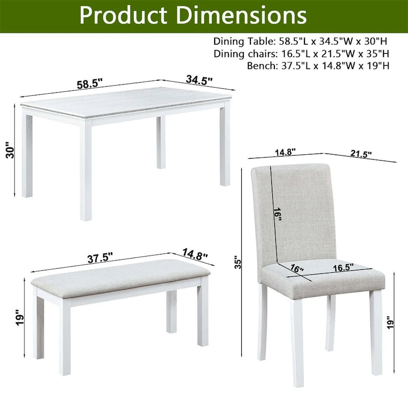 Set da pranzo rettangolare beige, stile moderno, 6 posti (tavolo + panca + 4 sedie)