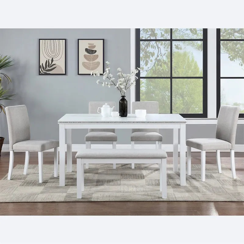Set da pranzo rettangolare beige, stile moderno, 6 posti (tavolo + panca + 4 sedie)