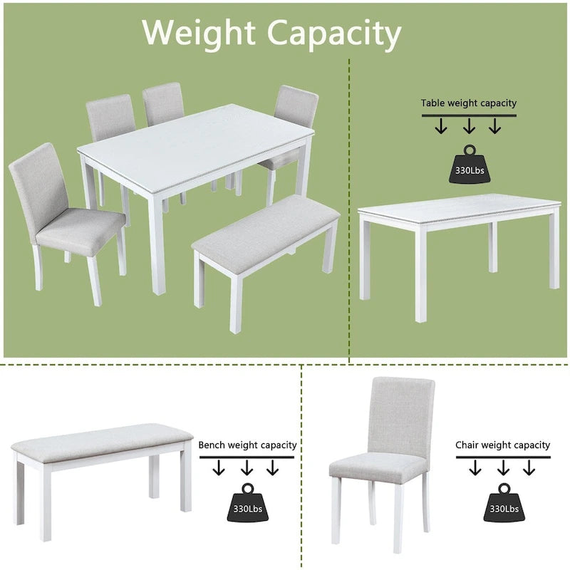 Set da pranzo rettangolare beige, stile moderno, 6 posti (tavolo + panca + 4 sedie)