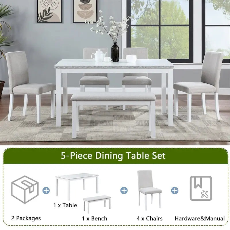 Set da pranzo rettangolare beige, stile moderno, 6 posti (tavolo + panca + 4 sedie)