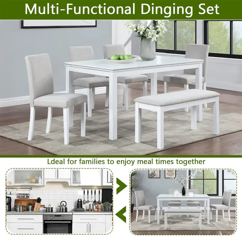 Set da pranzo rettangolare beige, stile moderno, 6 posti (tavolo + panca + 4 sedie)
