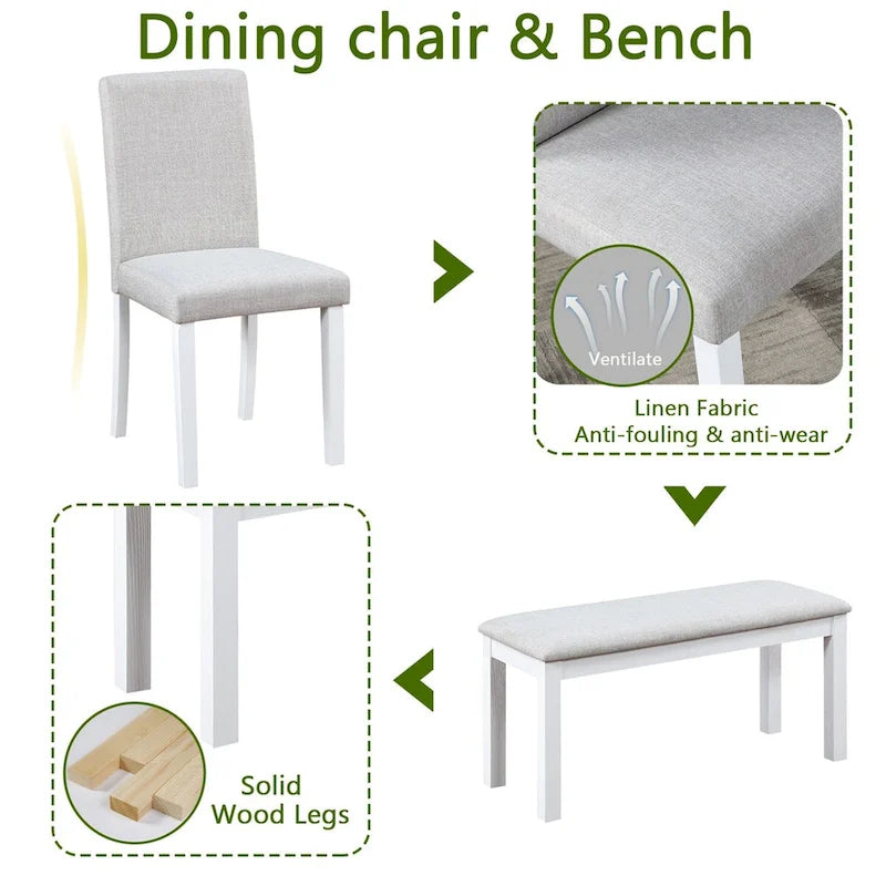 Set da pranzo rettangolare beige, stile moderno, 6 posti (tavolo + panca + 4 sedie)