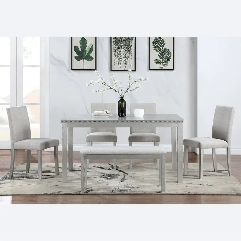 Set da pranzo rettangolare beige, stile moderno, 6 posti (tavolo + panca + 4 sedie)