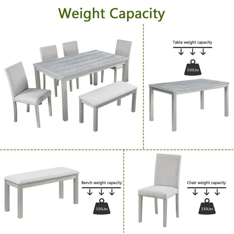 Set da pranzo rettangolare beige, stile moderno, 6 posti (tavolo + panca + 4 sedie)