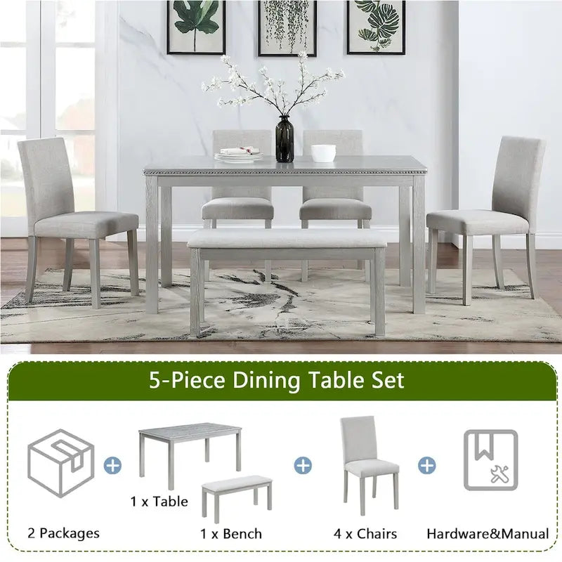 Set da pranzo rettangolare beige, stile moderno, 6 posti (tavolo + panca + 4 sedie)