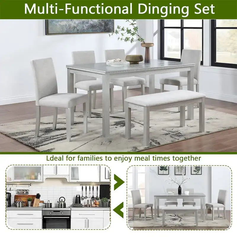 Set da pranzo rettangolare beige, stile moderno, 6 posti (tavolo + panca + 4 sedie)