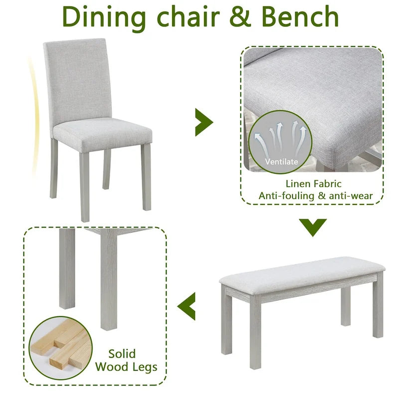 Set da pranzo rettangolare beige, stile moderno, 6 posti (tavolo + panca + 4 sedie)
